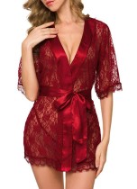 Сексуальное красное кружево с атласным поясом, ночное платье и трусики, комплект нижнего белья
