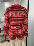 Christams Red Print Contast Long Sleeve Blouse And Shorts Two Piece Set