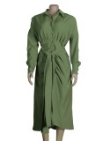 Fall Elegant Green Button Open With Belt Long Sleeve Long Dress