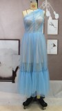 Summer Elegant Blue Mesh Ruffles Sleeveless Dress