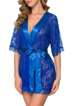 Сексуальное синее кружево с атласным поясом, ночное платье и трусики, комплект нижнего белья