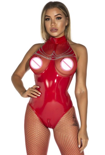 Sexy Red Leather With Mesh Teddy Lingerie