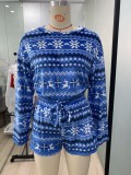 Christams Blue Print Contast Long Sleeve Blouse And Shorts Two Piece Set