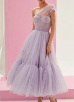 Zomer elegante paarse mesh ruches mouwloze jurk