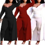 Fall Plus Size Sexy Black Irregular Collar Long Sleeve Top And Pant Two Piece Set