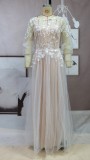 Fall Elegant Beige Lace Upper Long Sleeve Wedding Dress