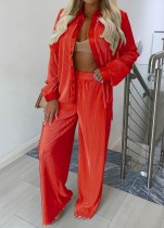 Fall Casual Red Ribbed Shirt And Loose Pant Two Piece Set
