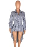 Fall Fashion Blue Stripe Long Sleeve Irregular Buttom Shirt Dress