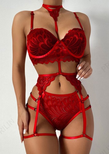 Conjunto de lingerie sexy de renda vermelha superior Galter