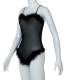 Sexy Black Straps Fake Fur See Through Teddy Lingerie