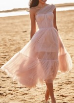 Zomer elegante roze mesh ruches mouwloze jurk