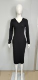 Winter Black Knit V-Neck Classic Midi Dress