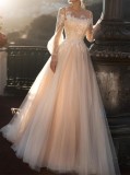 Fall Elegant Beige Lace Upper Long Sleeve Wedding Dress