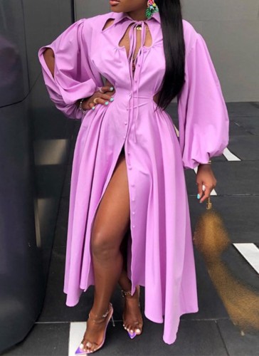 Fall Fashion Purple Hollow Out Puffed Sleeve Slit Long Dress