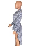 Fall Fashion Blue Stripe Long Sleeve Irregular Buttom Shirt Dress