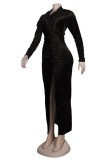 Winter Elegant Black Button Full Open Long Sleeve Long Dress