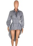 Fall Fashion Black Stripe Long Sleeve Irregular Buttom Shirt Dress