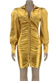Fall Sexy Yellow Satin Puff Sleeve Ruched Club Dress