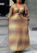 Fall Plus Size Brown Polk Dot Printed V-neck Long Sleeve Maxi Dress with Belt