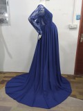 Fall Navy Blue Lace V-neck Full Sleeve Pregenant Evening Dress