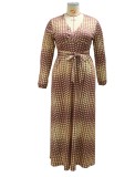 Fall Plus Size Brown Polk Dot Printed V-neck Long Sleeve Maxi Dress with Belt