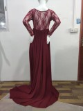 Fall Burgundy Lace V-neck Full Sleeve Pregenant Evening Dress