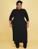 Fall Plus Size Solid Black Round Neck Split Long Top and Matched Two Piece Pants Set