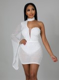 Fall Sexy White Beaded Choker One Shoulder Club Dress