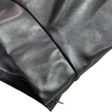 Fall Black Patch Baseball Jacket and PU Leather Mini Skirt Set