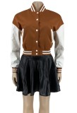 Fall Brown Patch Baseball Jacket and PU Leather Mini Skirt Set