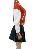 Set giacca da baseball con toppa rossa autunnale e minigonna in pelle PU