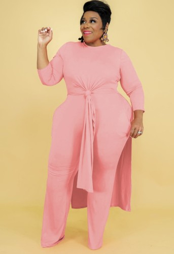 Fall Plus Size Solid Pink Round Neck Split Long Top and Matched Two Piece Pants Set