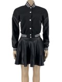 Fall Black Patch Baseball Jacket and PU Leather Mini Skirt Set