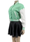 Fall Mint Green Patch Baseball Jacket and PU Leather Mini Skirt Set