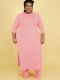 Fall Plus Size Solid Pink Round Neck Split Long Top and Matched Two Piece Pants Set