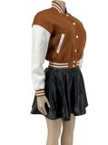 Fall Brown Patch Baseball Jacket and PU Leather Mini Skirt Set