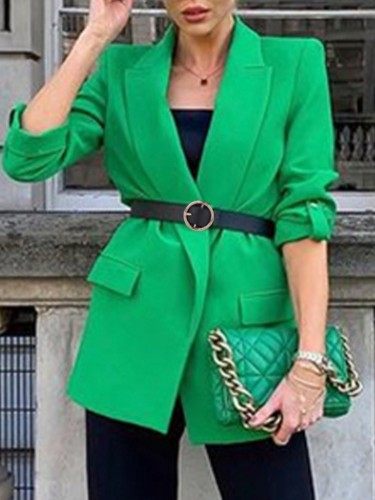 Winter Trendy Green Turndown Collar Full Sleeve Long Blazer