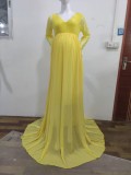 Fall Yellow Lace V-neck Full Sleeve Pregenant Evening Dress