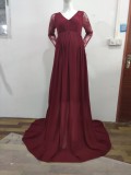 Fall Burgundy Lace V-neck Full Sleeve Pregenant Evening Dress