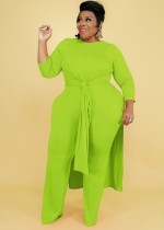 Autunno Plus Size Solid Green Girocollo con spacco lungo Top e pantaloni abbinati a due pezzi