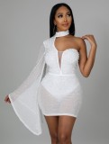 Fall Sexy White Beaded Choker One Shoulder Club Dress