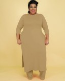 Fall Plus Size Solid Khaki Round Neck Split Long Top and Matched Two Piece Pants Set
