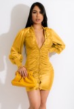 Fall Sexy Yellow Satin Puff Sleeve Ruched Club Dress