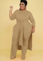 Fall Plus Size Solid Khaki Round Neck Split Long Top and Matched Two Piece Pants Set
