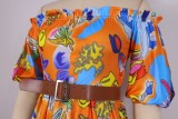 Summer Orange Printed Off Shoulder Puff Short Sleeve Mini Skater Dress