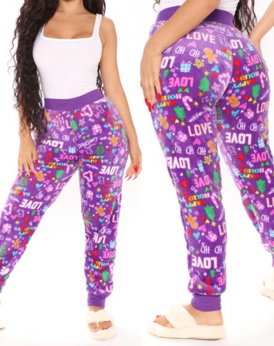 Зимние фиолетовые печатные рождественские пижамные штаны для сна с буквами