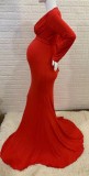 Fall Sexy Red V-neck Full Sleeve Mermaid Maternity Evening Dress