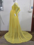 Fall Yellow Lace V-neck Full Sleeve Pregenant Evening Dress