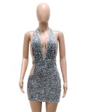Fall Sexy Gray Sequins Halter Backless Cutout Club Dress