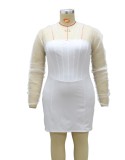 Fall Plus Size White Mesh Patch Long Sleeve bodycon Dress